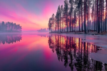 Poster - Spectacular sunrise over tranquil lake surrounded by tall pine trees in a serene landscape