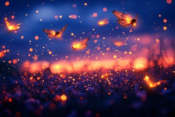 Poster - Glowing fireflies create a magical atmosphere in the twilight of a summer evening