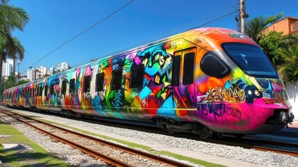 Poster - A brightly painted train covered in colorful graffiti art, passing through a lively urban neighborhood, embodying street culture and creative expression.