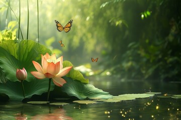 Poster - Enchanting lotus flowers attract butterflies in a serene water garden at dawn
