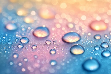 Poster - Colorful water droplets reflect light on a soft surface during morning hours showcasing nature's beauty
