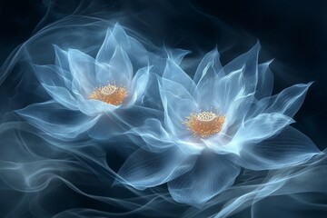 Aufkleber - Ethereal blue lotus flowers bloom softly in a misty atmosphere creating a serene and tranquil ambiance