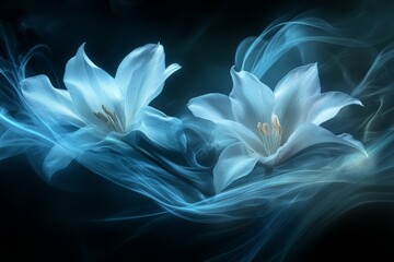 Aufkleber - Two elegant white flowers surrounded by ethereal blue swirls create a serene and calming atmosphere at night