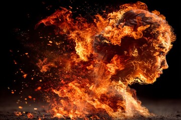 Aufkleber - Visual representation of a fiery transformation depicting a human face emerging from flames in a dark setting