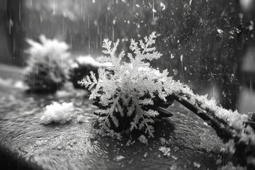Poster - Snowflakes gracefully resting on a window sill during a winter snowfall in a peaceful outdoor setting