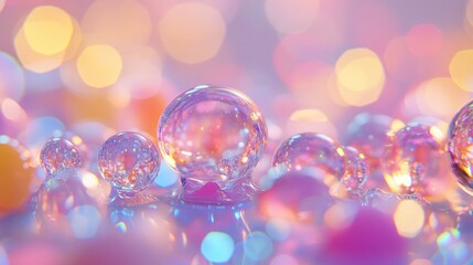 Poster - A close-up of water droplets on a glass surface, with soft, colorful bokeh lights glowing in the background, offering a peaceful, abstract visual experience.