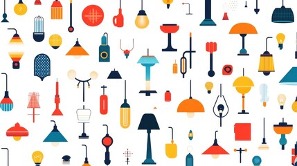 Poster - A colorful assortment of flat icons showcasing different lighting fixtures, perfect for interior design themes, with a clean white background for a modern look.