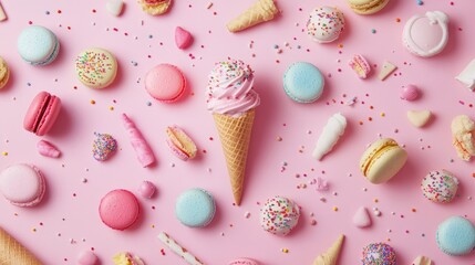 Aufkleber - A colorful assortment of ice cream cones with scoops, sprinkles, and macarons, arranged against a soft pink background, perfect for summer and dessert photography.