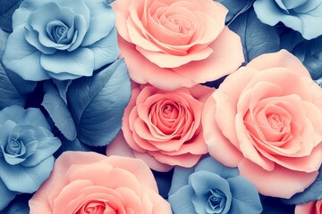 Poster - Beautiful arrangement of pink and blue roses with lush green leaves under soft lighting