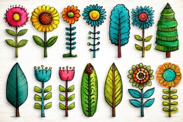 Aufkleber - Colorful hand-drawn floral designs featuring various flowers, leaves, and trees on a light background