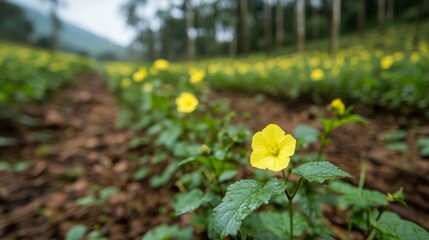 Poster - Vibrant yellow flowers bloom amidst lush green foliage in a tropical forest, creating a serene and colorful atmosphere. Perfect for nature lovers seeking tranquility