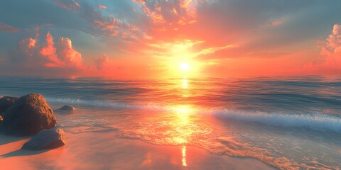 Wall Mural - Dramatic ocean sunset with a bright blue sky blending into orange and yellow hues, golden sun reflections on calm water, waves gently washing over a sandy beach with rocks.  