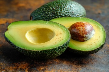 Poster - Freshly cut avocados showcasing vibrant green flesh and shiny brown pit on textured surface