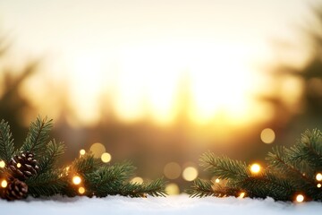 Aufkleber - Snow-laden spruce branches illuminated by twinkling bokeh lights create a magical atmosphere, perfect for holiday greetings, with soft colors in the background