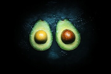 Poster - Freshly cut avocados displayed on a dark surface with water droplets glistening in soft light