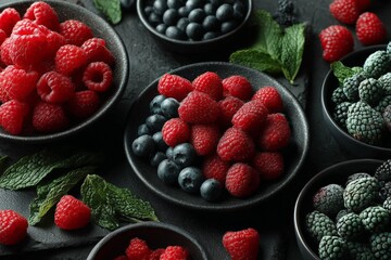 Aufkleber - Freshly gathered berries displayed in black bowls with green mint leaves set on a textured surface