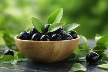 Poster - Fresh black olives in a wooden bowl surrounded by green leaves under natural light in a garden setting