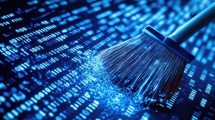 Leinwandbilder - A digital cleaning broom sweeping binary code from a computer screen, symbolizing the removal of outdated or incorrect data for a clean digital workspace.
