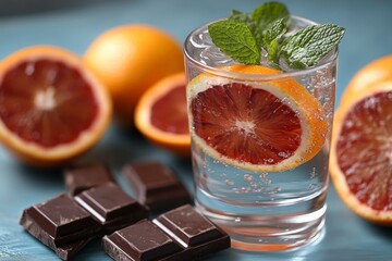 Poster - Refreshing blood orange drink with mint leaves and dark chocolate pieces on a blue background