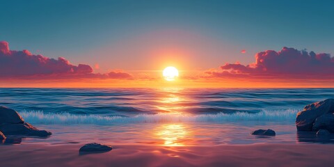 Wall Mural - Dramatic ocean sunset with a bright blue sky blending into orange and yellow hues, golden sun reflections on calm water, waves gently washing over a sandy beach with rocks.  