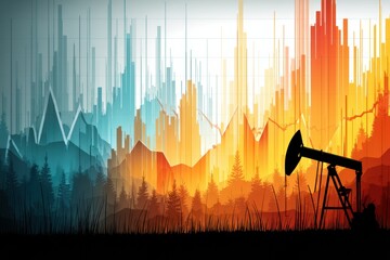 Poster - Oil Price Fluctuations Depicted Through Graph Transitioning Into Oil Well Silhouette With Colorful Background