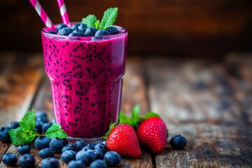 Aufkleber - Fresh berry smoothie with blueberries, strawberries, and mint on a rustic wooden table