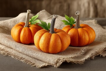Poster - Bright orange pumpkins displayed on burlap fabric provide a cozy autumn aesthetic for seasonal decor