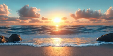 Wall Mural - Dramatic ocean sunset with a bright blue sky blending into orange and yellow hues, golden sun reflections on calm water, waves gently washing over a sandy beach with rocks.  