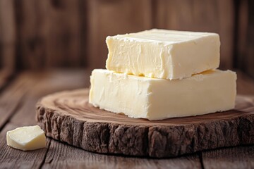 Poster - Freshly cut butter blocks on a wooden cutting board in a rustic kitchen setting