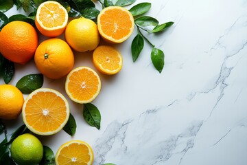 Poster - Fresh citrus fruits arranged on a marble surface with vibrant green leaves showcasing natural colors and textures