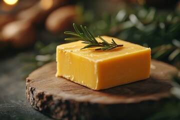 Aufkleber - Cheese on a wooden board garnished with fresh rosemary in a cozy, warm setting