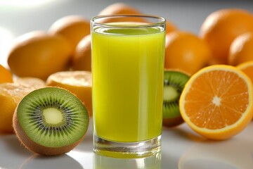Poster - Fresh kiwi and orange juice with vibrant colors and fruits set on a bright counter