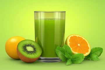 Poster - Fresh green juice made with kiwi, orange, and mint displayed on a vibrant green background