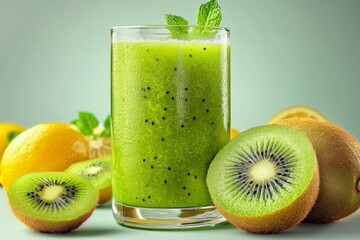 Aufkleber - Refreshing green smoothie made with kiwi and lemon on a light background