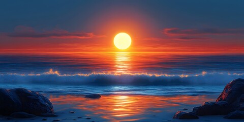 Wall Mural - Dramatic ocean sunset with a bright blue sky blending into orange and yellow hues, golden sun reflections on calm water, waves gently washing over a sandy beach with rocks.  