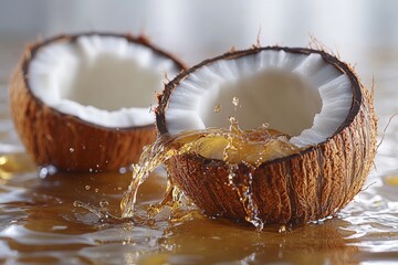 Aufkleber - Coconut halves spilling liquid on a reflective surface in a bright, tropical setting