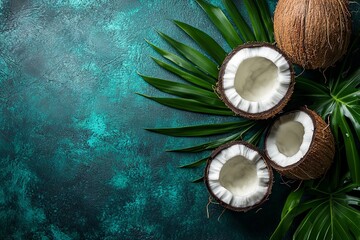 Poster - Fresh coconuts arranged on vibrant green foliage in a tropical setting capturing natural beauty and freshness