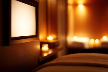 Poster - Serene spa room features an empty canvas frame and softly glowing candles, creating a tranquil atmosphere perfect for relaxation and unwinding