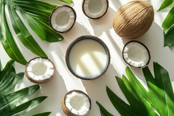 Poster - Fresh coconuts arranged on a white surface with coconut milk in a bowl surrounded by tropical leaves