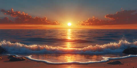 Wall Mural - Dramatic ocean sunset with a bright blue sky blending into orange and yellow hues, golden sun reflections on calm water, waves gently washing over a sandy beach with rocks.  