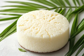 Aufkleber - Freshly made cheese displayed on a textured surface surrounded by tropical foliage