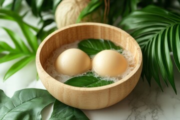 Poster - Decorative bowl with eggs and tropical leaves arranged on a marble surface features natural elegance and unique design