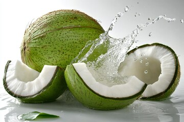 Poster - Fresh coconut and green melon halves splash water in kitchen setting during bright daylight