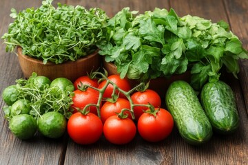 Aufkleber - Fresh vegetables arranged beautifully on a wooden table, showcasing vibrant produce and natural textures for culinary inspiration