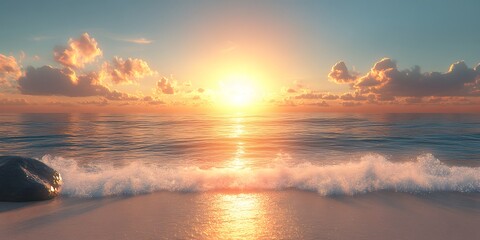 Wall Mural - Dramatic ocean sunset with a bright blue sky blending into orange and yellow hues, golden sun reflections on calm water, waves gently washing over a sandy beach with rocks.  