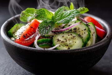 Poster - Fresh vegetable salad with mint and spices presented in a black bowl on a dark background