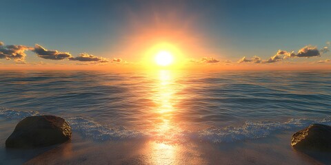 Wall Mural - Dramatic ocean sunset with a bright blue sky blending into orange and yellow hues, golden sun reflections on calm water, waves gently washing over a sandy beach with rocks.  