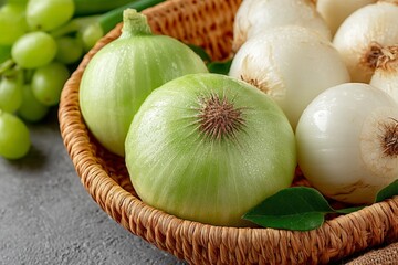 Poster - Fresh onions arranged in a woven basket alongside green grapes on a textured surface
