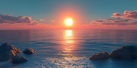 Wall Mural - Dramatic ocean sunset with a bright blue sky blending into orange and yellow hues, golden sun reflections on calm water, waves gently washing over a sandy beach with rocks.  
