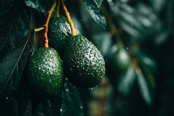 Poster - Fresh avocados hanging on a tree branch after rain in a lush orchard